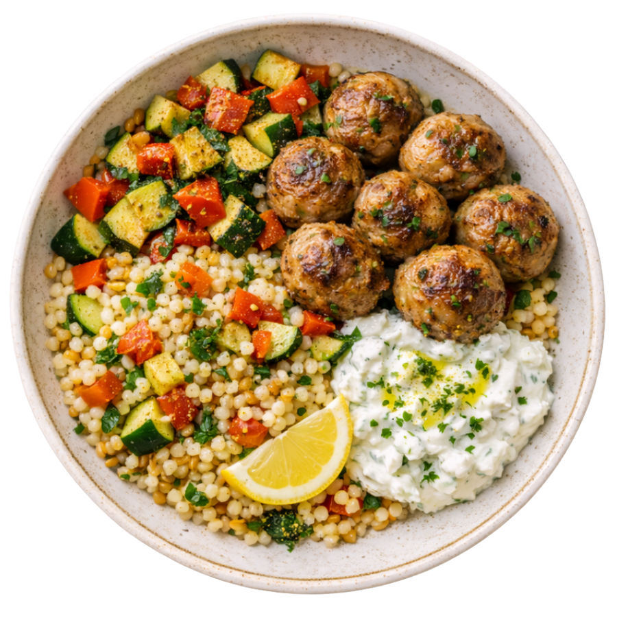 Griekse kipballetjes met parelcouscous & tzatziki