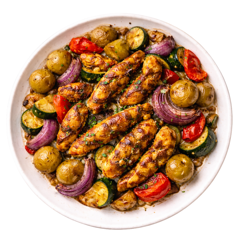 Kip shoarma traybake met groenten & krieltjes