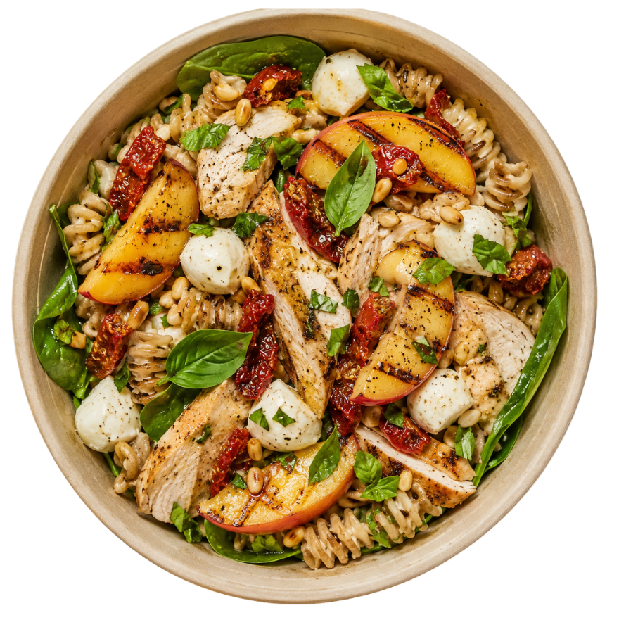 Pastasalade met Gegrilde kip, Perzik & Mozzarella