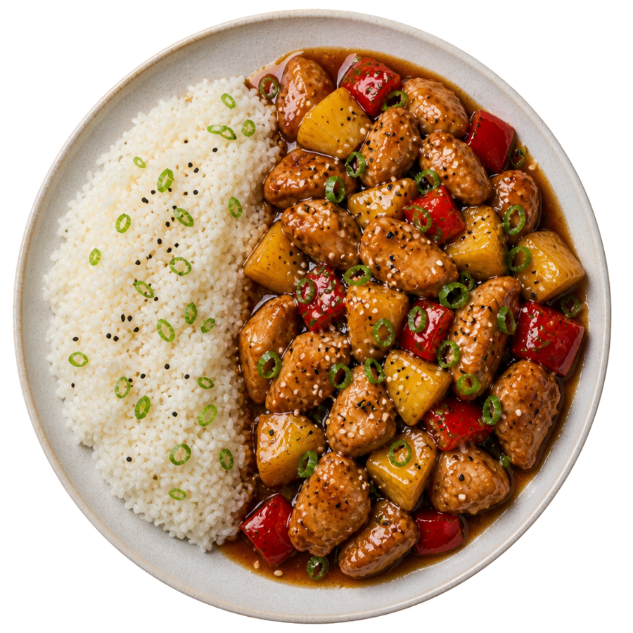 Sesam-honing kip met rijst & ananas
